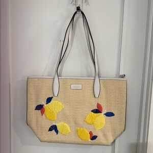 Kate Spade Lemon Embroidered Straw Tote Bag — Summer Woven Shoulder Tote
